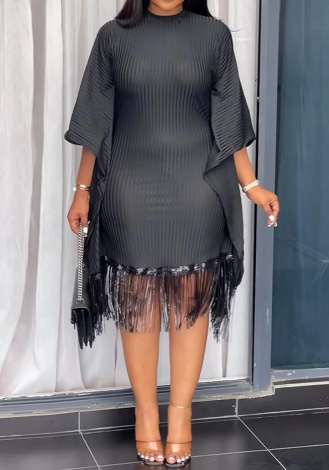 YOOTIKO Women Elegant Midi Dress Formal Wedding Guest Party Plus Size Sequin Fringe Ribbed Dresses
