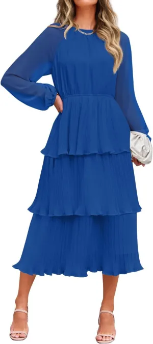 ZESICA Women's 2025 Long Sleeve Crew Neck Ruffle Tiered Layered Chiffon Flowy Swing 2025 Long Midi Dress
