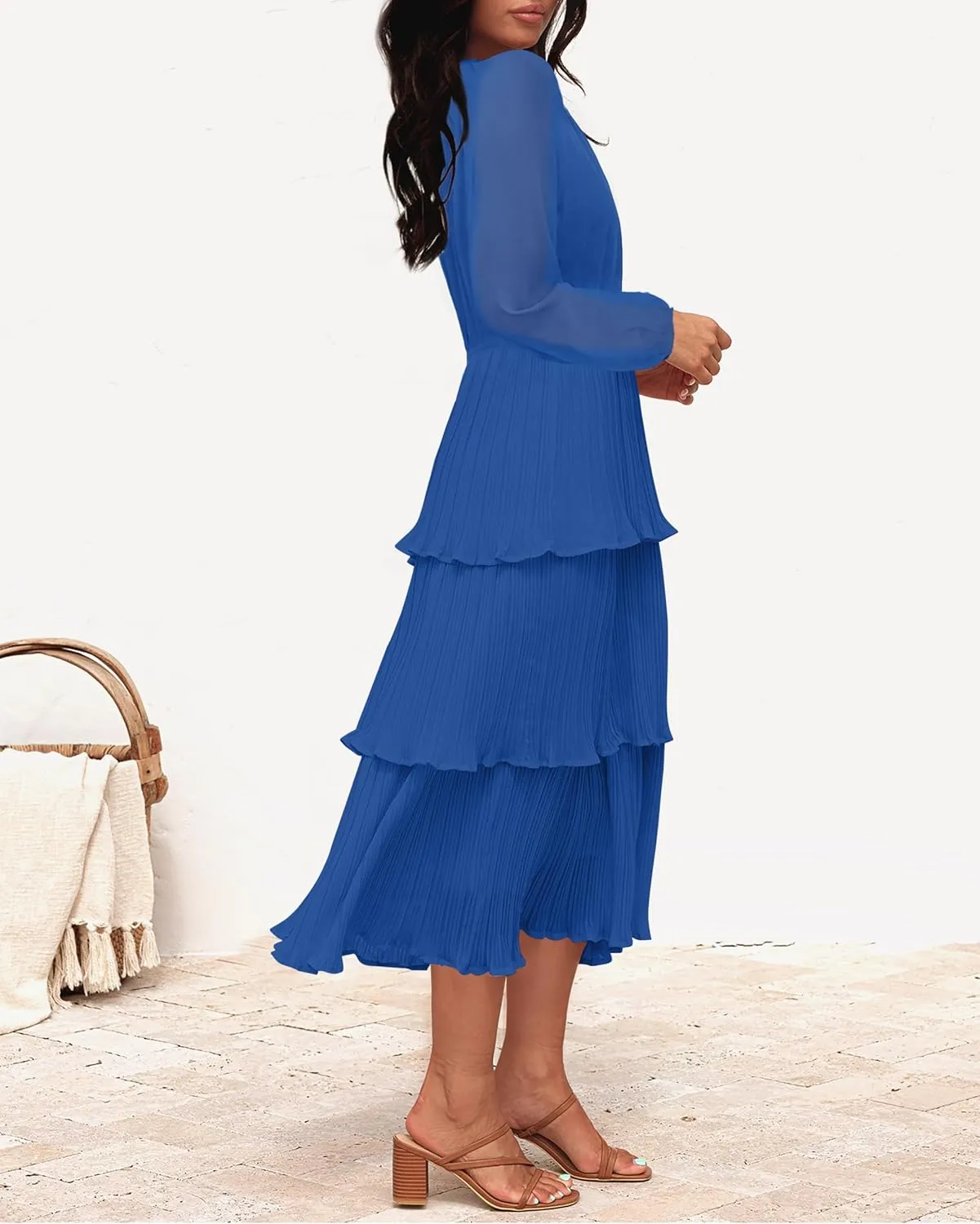 ZESICA Women's 2025 Long Sleeve Crew Neck Ruffle Tiered Layered Chiffon Flowy Swing 2025 Long Midi Dress