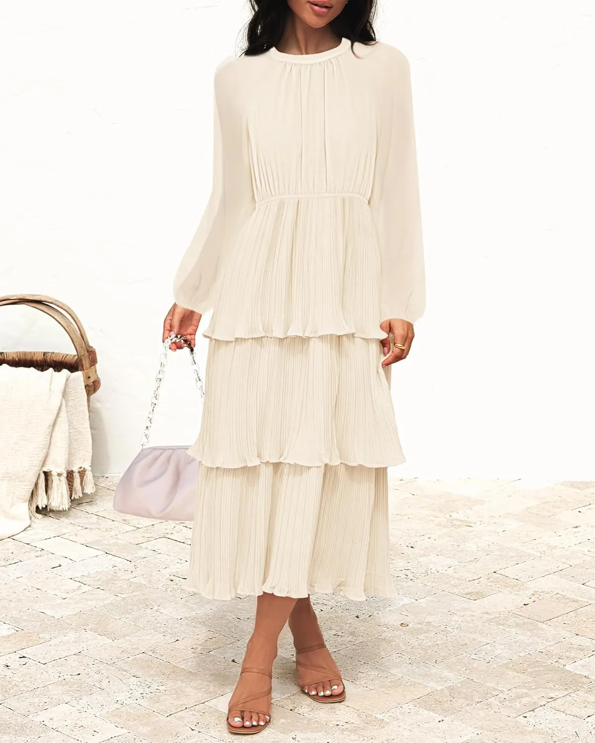 ZESICA Women's 2025 Long Sleeve Crew Neck Ruffle Tiered Layered Chiffon Flowy Swing 2025 Long Midi Dress