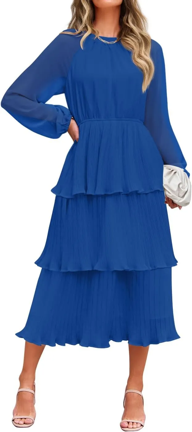 ZESICA Women's 2025 Long Sleeve Crew Neck Ruffle Tiered Layered Chiffon Flowy Swing 2025 Long Midi Dress