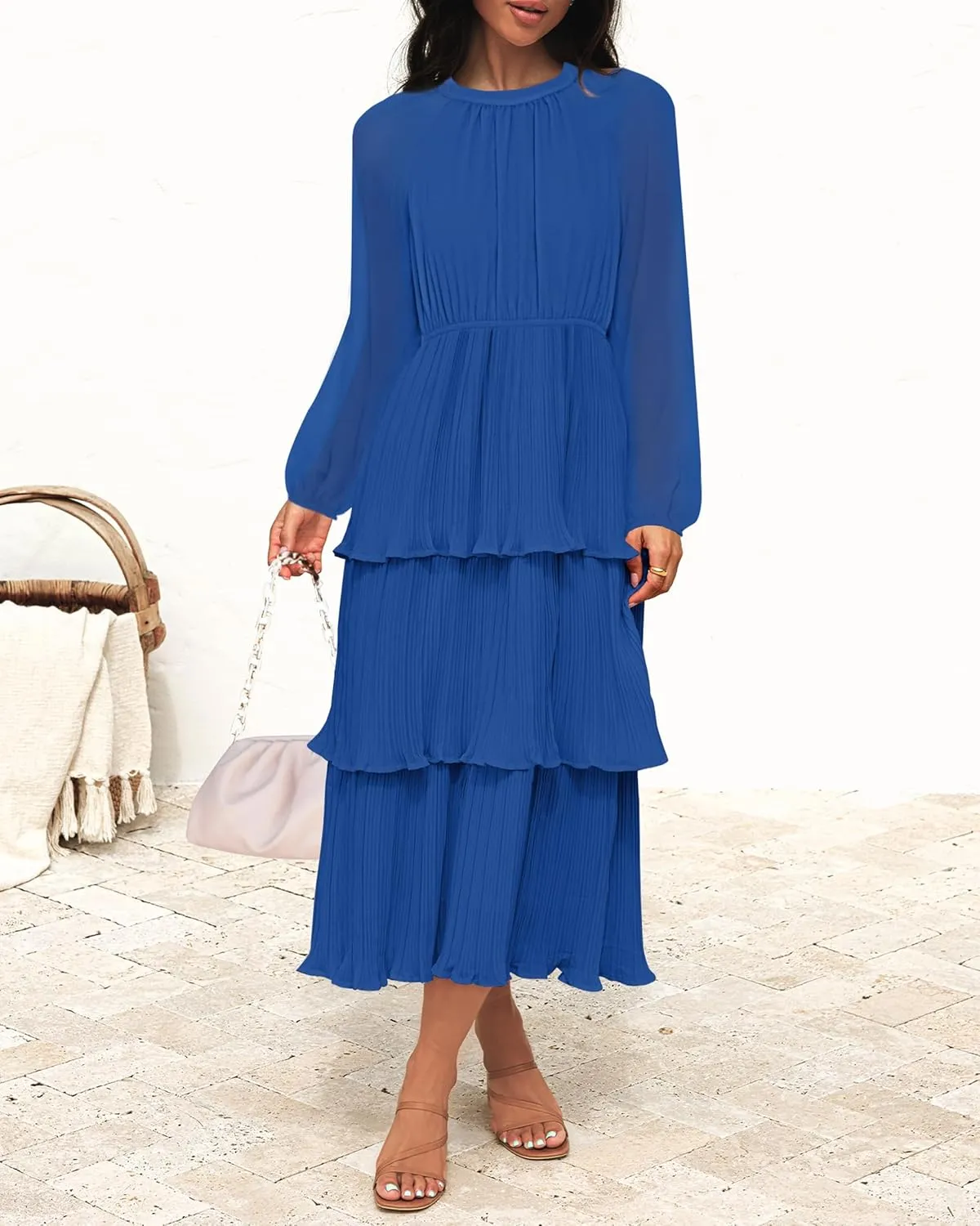 ZESICA Women's 2025 Long Sleeve Crew Neck Ruffle Tiered Layered Chiffon Flowy Swing 2025 Long Midi Dress