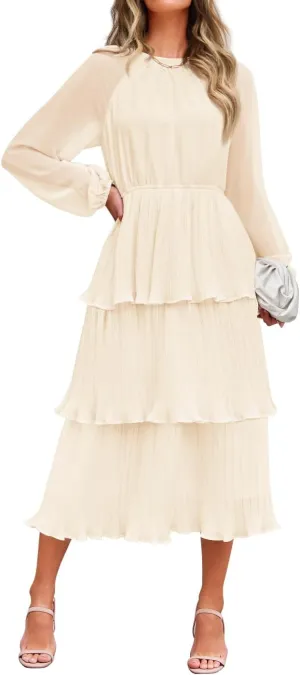 ZESICA Women's 2025 Long Sleeve Crew Neck Ruffle Tiered Layered Chiffon Flowy Swing 2025 Long Midi Dress