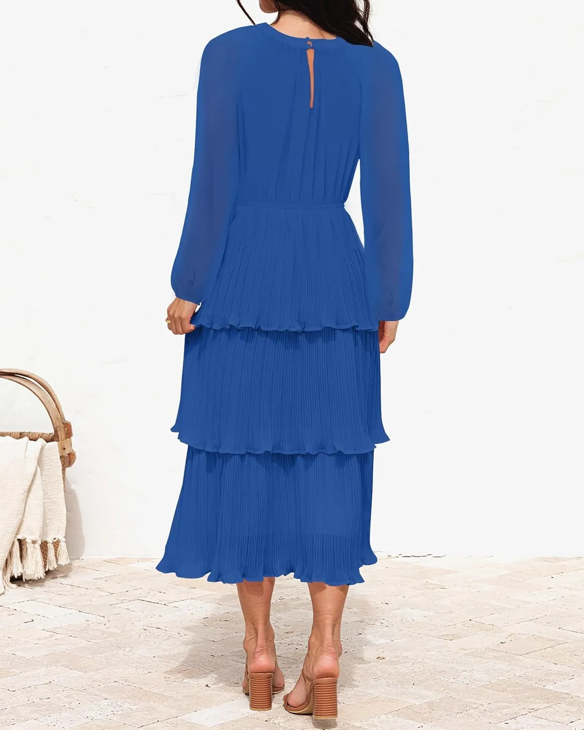 ZESICA Women's 2025 Long Sleeve Crew Neck Ruffle Tiered Layered Chiffon Flowy Swing 2025 Long Midi Dress