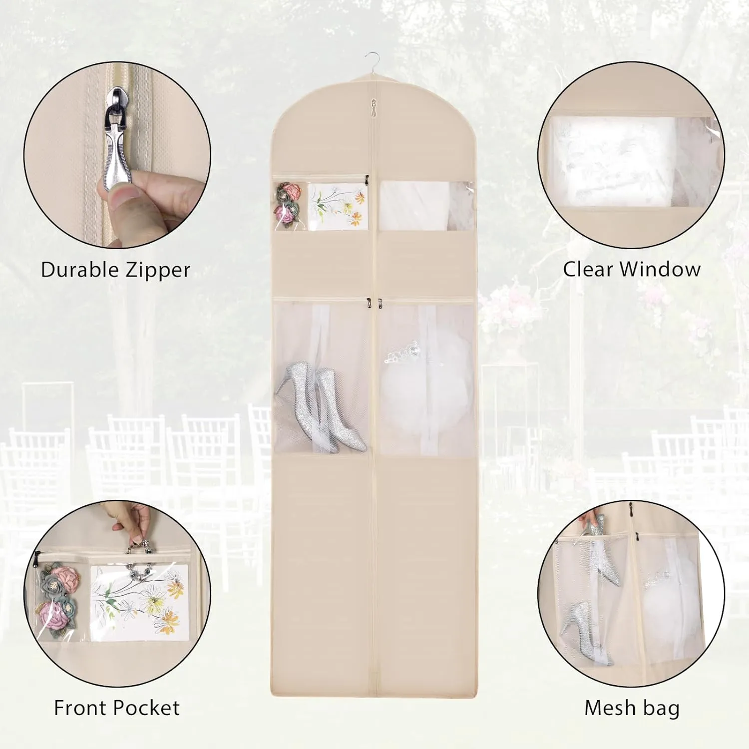 Zilink 72" Wedding Dress Garment Bag Dress Bags for Gowns Bridal Garment Bag for Long Dresses with 12Gusseted and Accessory Pockets for Wedding Dress, Puffy Gowns [Upgraded Version], Beige