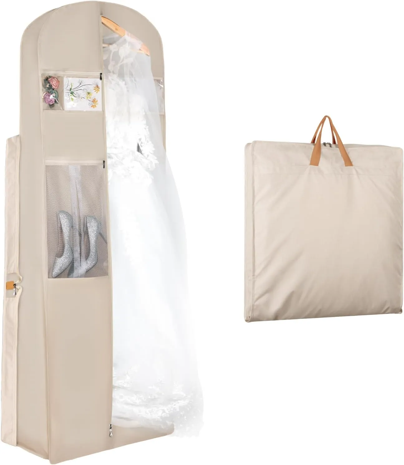Zilink 72" Wedding Dress Garment Bag Dress Bags for Gowns Bridal Garment Bag for Long Dresses with 12Gusseted and Accessory Pockets for Wedding Dress, Puffy Gowns [Upgraded Version], Beige