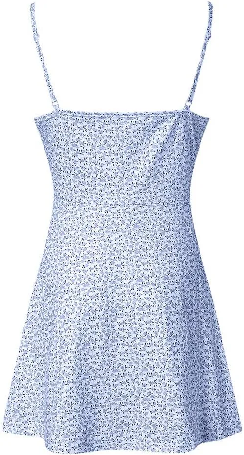 ZYXTIM Women's Boho Floral Print Cami Mini Dress Spaghetti Strap Ruched Bust Lace Up Low Back Sexy Summer Beach Dresses