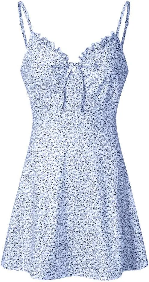 ZYXTIM Women's Boho Floral Print Cami Mini Dress Spaghetti Strap Ruched Bust Lace Up Low Back Sexy Summer Beach Dresses