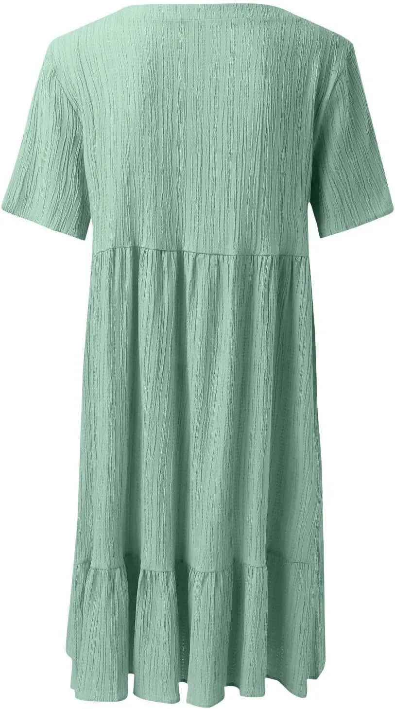 ZYXTIM Women's Casual T Shirt Dress Summer Spring V Neck Short Sleeve Sundress Solid Color Pleated Flowy Swing Shift Dresses