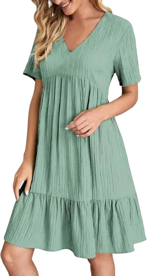 ZYXTIM Women's Casual T Shirt Dress Summer Spring V Neck Short Sleeve Sundress Solid Color Pleated Flowy Swing Shift Dresses