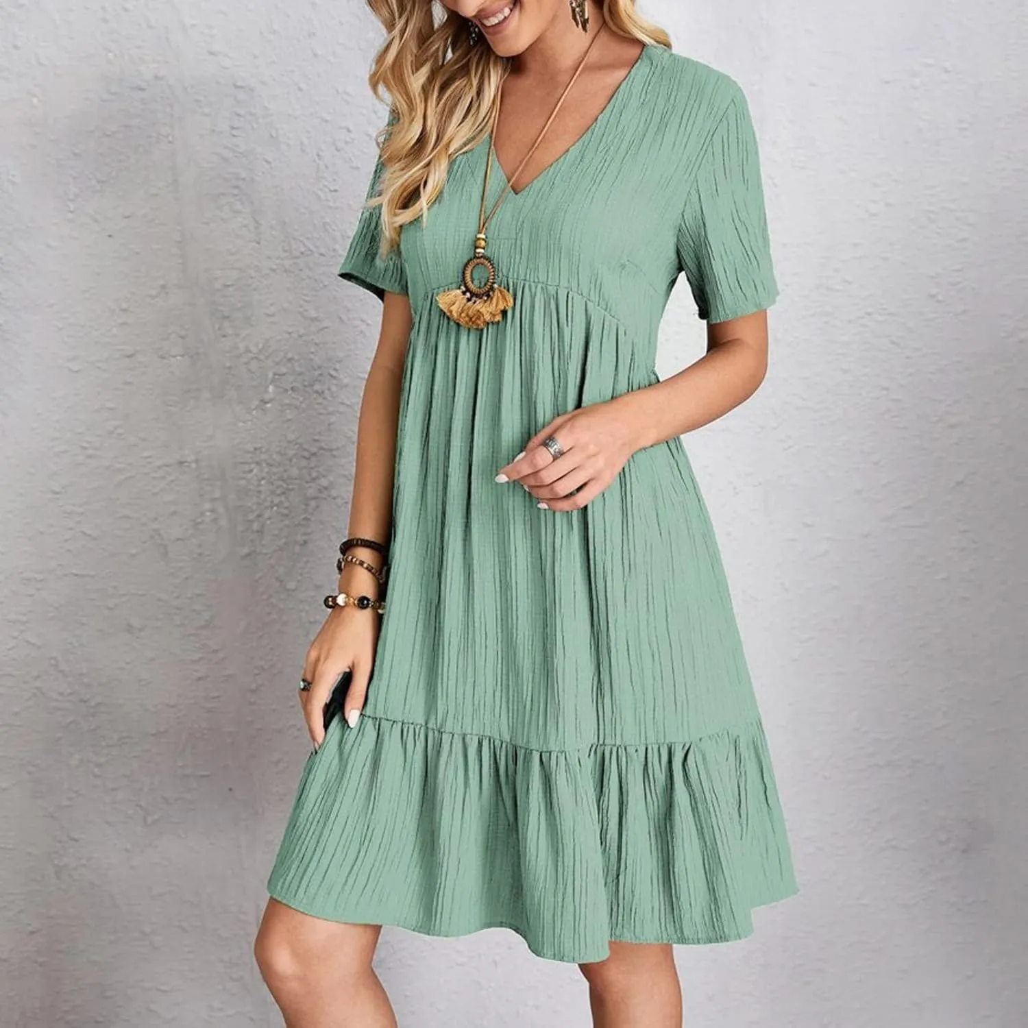 ZYXTIM Women's Casual T Shirt Dress Summer Spring V Neck Short Sleeve Sundress Solid Color Pleated Flowy Swing Shift Dresses