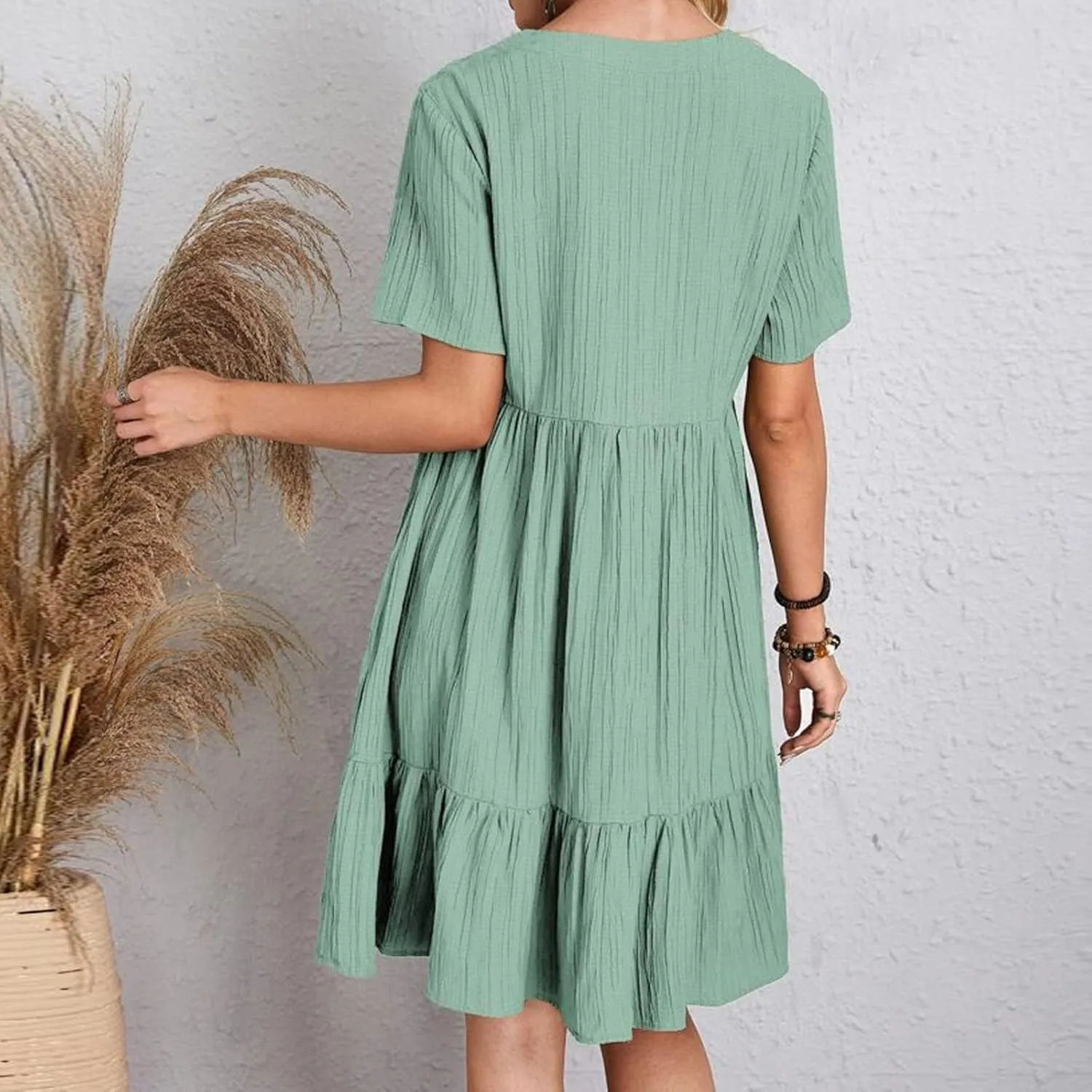 ZYXTIM Women's Casual T Shirt Dress Summer Spring V Neck Short Sleeve Sundress Solid Color Pleated Flowy Swing Shift Dresses